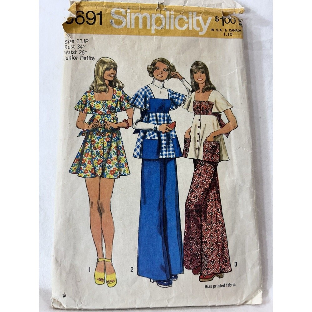 Vintage 70s Simplicity 5691 Junior Petite 11JP Dress Top Pants Pattern CUT